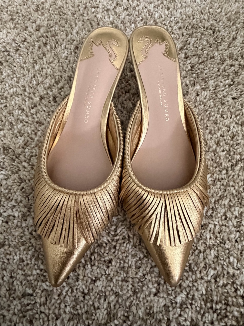 ANTONIO MELANI Metallic Gold Pointed Fringe Mule